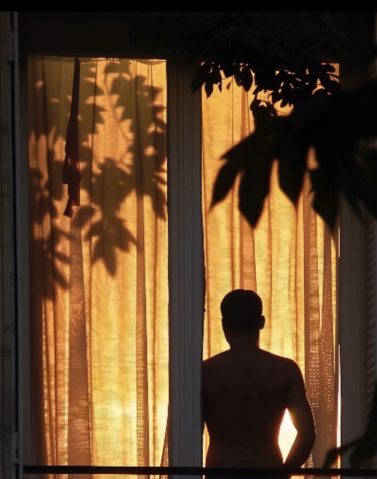 Une fenêtre avec en contre-jour la silhouette d'un homme et quelques branches d'arbre